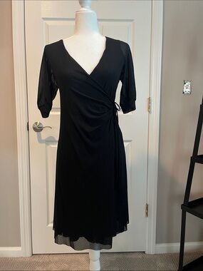 Sweet Pea Black Wrap Midi Dress with Sheer Elbow Sleeves